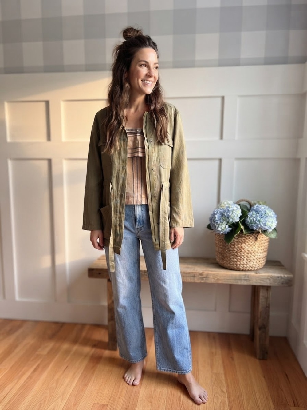 Nicole Miller Olive Green Utility Jacket with Tie Medium